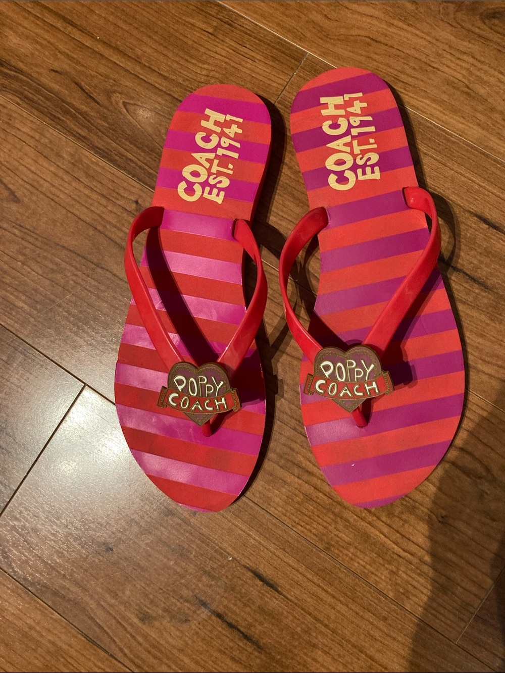 Coach Striped Poppy Flip Flops in Red & Pink